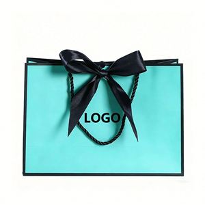 Custom Printed Luxury Black Bow Tie Shopping <b>Bag</b> White Ribbon Handle Black Cardboard Paper <b>Bag</b> Fancy Logo for Clothing Jewelry - Product Image 1