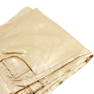 도매 사용자 정의 가능한 높은 스트레치 트릴 직물 금속 꼰 PU 코팅 청바지 소년 소녀 캐주얼 패션 의류 염색 날실