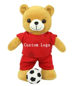Machen Sie Ihren eigenen Plüsch bär Werbe benutzer definierte Plüsch rot T-Shirt Teddybär Maskottchen Puppe gefüllt Teddybär mit Fußball