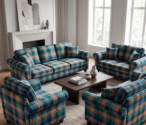 Tela de tapicería estampada a cuadros en azul verdoso, naranja y blanco por yarda, textil colorido con patrón a cuadros para muebles, sofá y silla - Product Image 1