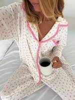 Ensemble de pyjama pour femmes OEM/ODM, décontracté, printemps, automne, hiver, Floria, doux, respirant, en spandex/coton, manches longues, col en V
