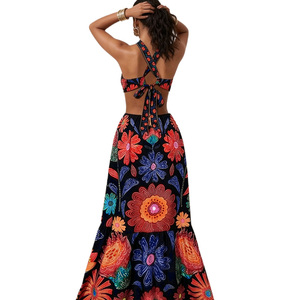 Vestido Largo Bohemio con Estampado Floral, Hombros Descubiertos, Abertura en la Cintura, Espalda Descubierta, Volantes en el Bajo, Transpirable, Ideal para Fiestas y Vacaciones de Verano - Product Image 2
