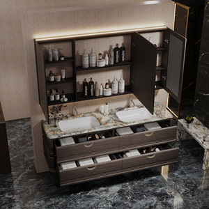 Meuble-lavabo <span class=keywords><strong>de</strong></span> <span class=keywords><strong>salle</strong></span> <span class=keywords><strong>de</strong></span> <span class=keywords><strong>bain</strong></span> moderne et minimaliste sur mesure à double vasque, armoires flottantes en bois massif avec miroir LED rétroéclairé et plan <span class=keywords><strong>de</strong></span> travail en pierre - Product Image 3