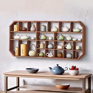 Estante de pared rectangular de madera de paulonia quemada con múltiples compartimentos para exhibir y almacenar juegos de té, ideal para salas de té. - Product Image 1