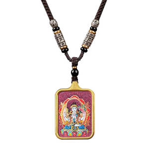 Colgante Thangka del Buda Guardián del Zodiaco - Tara Verde Zhaxi Lamu Jambhala Amarillo con Incrustaciones <span class=keywords><strong>de</strong></span> Cinabrio y Oro - Product Image 6