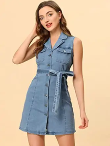 ชุดเดรสยีนส์สั้นทรงเข้ารูป แขนกุด กระดุมหลายเม็ด คุณภาพสูง สำหรับผู้หญิง - Product Image 2