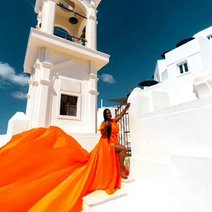 Women Vibrant Orange Flying <b>Dress</b> for Santorini Photoshoot Luxury Flowing Long Train Gown Bright Off Shoulder <b>Ruffle</b> Maxi <b>Dress</b> - Product Image 1