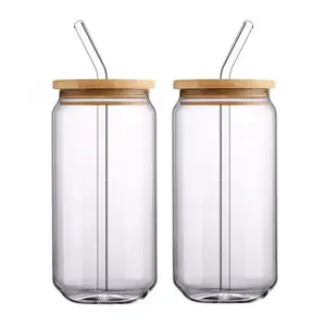 Taza de sublimación en forma de lata de cerveza, vaso de vidrio con tapa de bambú y vasos de cerveza de paja de vidrio, 13oz, 18oz