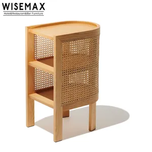 Mid Centry现代木框架Nighstand床边桌与藤藤背设计木储物柜