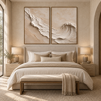 Tableau en toile texturé 3D vague océanique beige sculpturale, diptyque côtier neutre pour la décoration d'hôtels, villas, chambres et salons