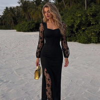 Robe longue moulante noire en maille florale à manches longues et col carré, froncée et fendue, pour soirée et sorties nocturnes