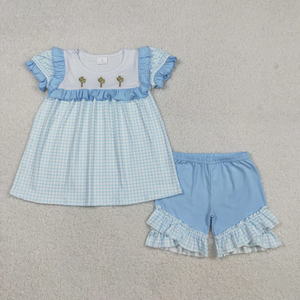 Ropa Infantil al por Mayor de Fábrica, Vestidos a Cuadros Azules con Bordado Cruzado para Niñas, Ropa de Pascua para Hermanas - Product Image 2
