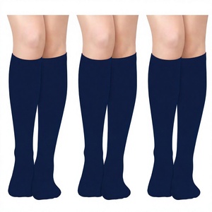 Chaussettes hautes pour femmes, bleu marine uni, respirantes, tricotées, pour un usage quotidien, style classique, saison d'automne - Product Image 4