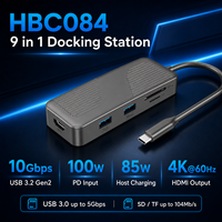 Station d'accueil USB-C 9-en-1 avec HDMI 4K+60Hz, PD 100W, 3 ports USB-C Gen2 10 Gbps + 2 ports USB-A 5 Gbps, lecteur de cartes SD/TF, boîtier ABS