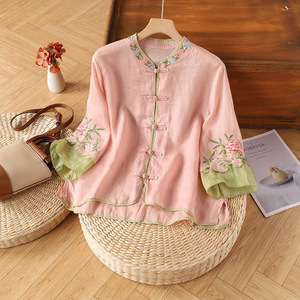 Traditional Chinese Women's Cotton Linen Embroidered Shirt Pink Green Color Blocking Loose Fit Cardigan Three Quarter Sleeve - Product Image 1