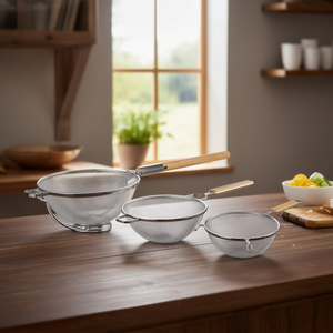 Set di Doppio Colino a Rete in Acciaio Inossidabile con Manico in Legno per Uso in Cucina - Product Image 3
