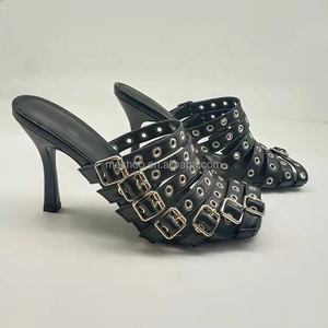 Boucle noire strappys femmes mules à talons hauts pantoufles fétiche filles 2024 sandales pour femmes - Product Image 5