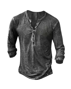 Alta qualidade por atacado 100% algodão Respirável plain blank color em torno do pescoço mangas compridas homens Tee button Henley Shirts