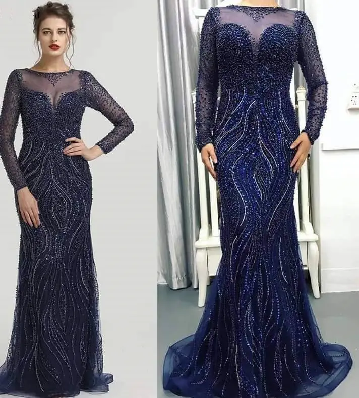 Navy/Silver/Gold Luxury Evening Dresses Long Sleeves Beading Sequined Fashion Evening Gowns 2020
