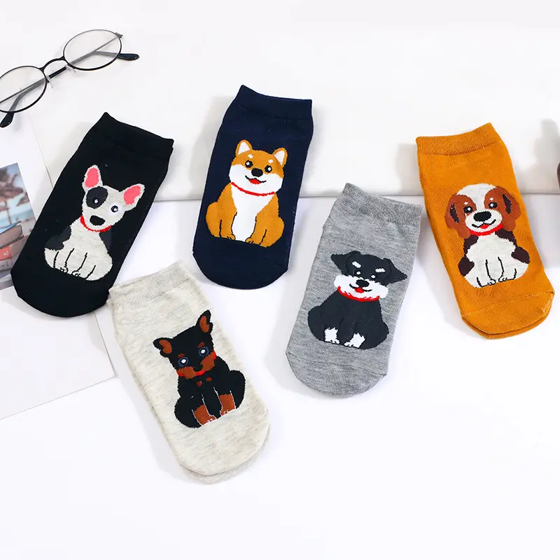 Chaussettes d'été en coton pour femmes et filles, coupe basse, motif de chien, mignonnes et droites, taille unique