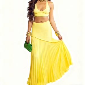 Women's New Arrival V-Neck Spaghetti Strap <b>Top</b> & Pleated Long <b>Patchwork</b> Skirt Knit Casual 2-Piece Set Fashion - Product Image 1