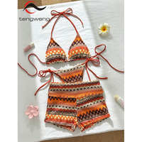 TW 2026 Bikini 2 Potong Wanita Model Halter Bergaris Seksi dengan Celana Pendek, Pakaian Renang Tanpa Punggung Modis, Grosir Kustom