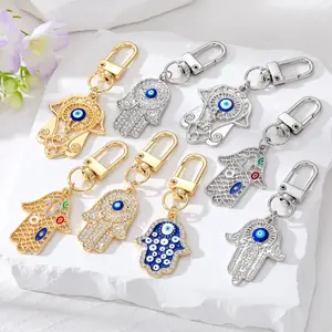 2024 Bling Heart Blue Eye Handbag Charms Car Key Chains Crystal Rhinestone Evil Eye Hamsa Hand Keychain