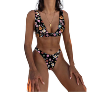 Bikini negro con estampado de flores para mujer, traje de baño de dos piezas multicolor con estampado de flores para chica joven, 2022