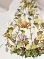 Feuilles vertes Lustre en tole italien antique Plafonnier en métal Fleurs Bougie Lampe