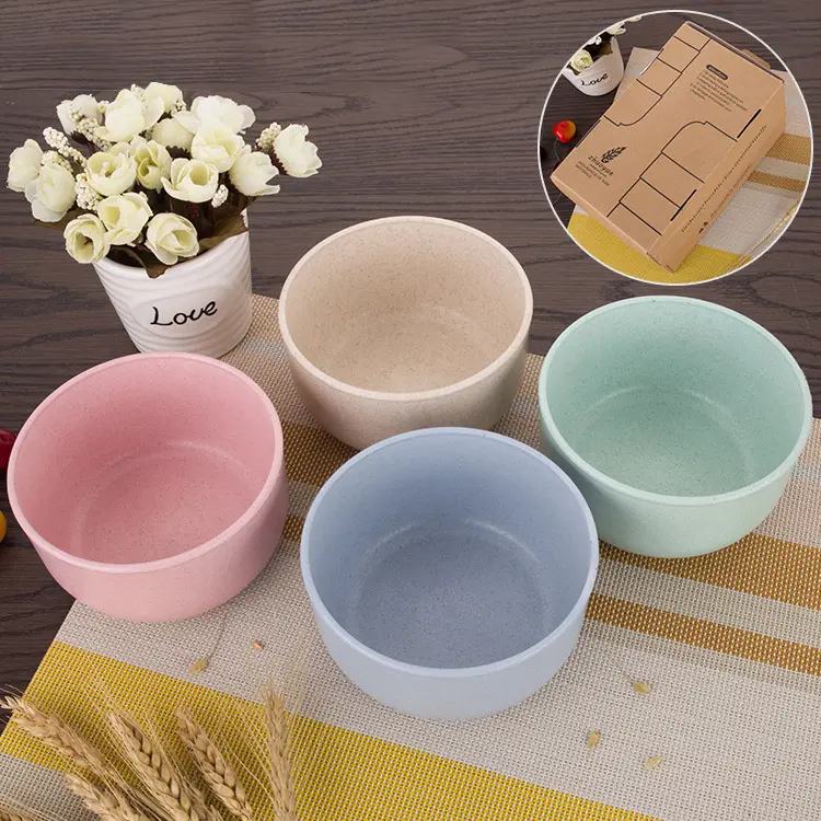 100% Food Grade Non-Toxic BPA Free Wheat Straw Household Round Rice Dinner Bowls Set 4Pcs in A Box