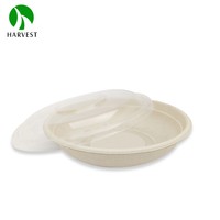 Boîtes à emporter rondes jetables de 24 oz en bagasse, style moderne, écologiques, résistantes à la graisse et compatibles micro-ondes, marque Harvest, avec couvercle