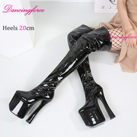 Nouvelles bottes sexy rouges en cuir verni à talons hauts de 20 cm, bottes super hautes au-dessus du genou, chaussures de danseuse de club, chaussures de fête, chaussures fétichistes pour femmes