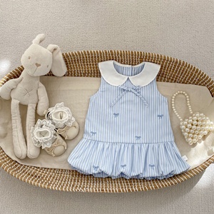 Vestido de Verano para Niña, sin Mangas, con Rayas Azul Claro, Lazo Bordado, Cuello Peter Pan y Dobladillo Abullonado - Product Image 6