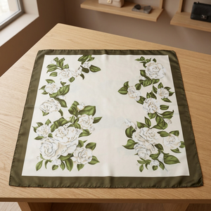 Grand Foulard Carré en Soie Musulman Décontracté pour la Vente en Gros, Imprimé Camélia Blanc et Feuille d'Olivier, Accessoire de Mode de Luxe, Emballage Cadeau, LOGO Personnalisé - Product Image 3