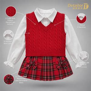 Conjunto de 3 Piezas para Bebés y Niñas Pequeñas, <span class=keywords><strong>Camisa</strong></span> Blanca de Manga Larga, Chaleco Rojo, Falda a Cuadros, Atuendo Informal para Festivales, Transpirable, en Existencia - Product Image 2