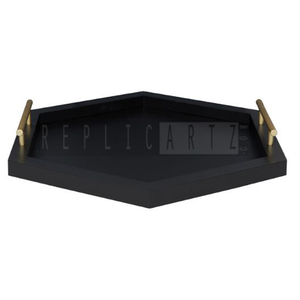 Maximus International MS-72 Luxury Modern Hexagon <b>Black</b> Wooden Serving Tray Gold Handles Decorative Ottoman Coffee <b>Table</b> <b>Vanity</b> - Product Image 4