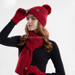 Unisex Winter Sports Hat <b>Scarf</b> Gloves Set New Style Hot Selling Warm Wool with Faux Pom Pom 3 Pieces Set - Product Image 2