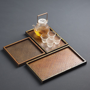 Bandeja de Té de Bambú Hecha a Mano con Superficie de Tapete Tejido, Mesa de Preparación en Seco, Soporte para Tetera, Accesorio para Ceremonia del Té, Bandeja de Servicio - Product Image 1