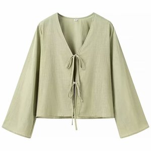 <span class=keywords><strong>Blusa</strong></span> de Moda Casual de Color Sólido con Cuello en V y Cordones Delanteros de <span class=keywords><strong>Manga</strong></span> <span class=keywords><strong>Larga</strong></span> para Mujer - Product Image 5