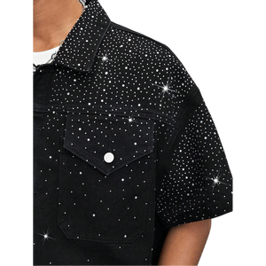 Chemise d'été pour homme DIHUI, personnalisée, avec décorations en strass, chemise décontractée en denim ample à simple boutonnage pour homme - Product Image 4