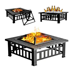 Outdoor Fire Pit Square Table Metal Firepit Table Backyard Patio Garden Stove Wood Burning Fireplace