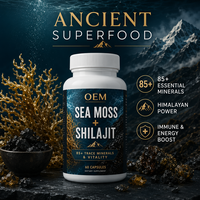 Capsules de mousse de mer et de Shilajit en gros (OEM/ODM) – Superaliment riche en minéraux pour l'énergie, l'immunité et la vitalité – Sans OGM