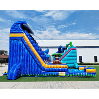 Tobogán Acuático Inflable de PVC Iridiscente Comercial con Piscina, Tobogán Acuático con Palmeras Tropicales para Niños y Adultos