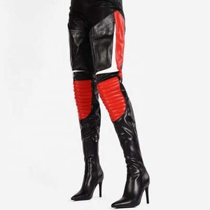 Botas de mujer de colores variados, por encima de la rodilla, con tacón alto y delgado, cremallera lateral, punta fina, talla grande 44, botines altos hasta el muslo. - Product Image 1