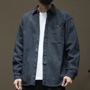 Listrado Jacquard Denim camisa de manga comprida para homens 2023 Outono novo casaco de camisa vintage em tamanho solto