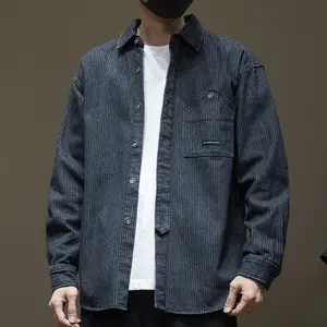 Kemeja lengan panjang Denim Jacquard bergaris untuk pria, mantel kemeja Vintage ukuran longgar baru musim gugur 2023