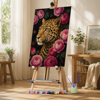Kit de peinture par numéros DIY - Tigre coréen, fleurs roses, toile, peinture acrylique écologique pour adultes et enfants, décoration intérieure (sans cadre)