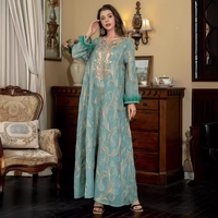 Abaya musulmane en polyester brodé or, maille respirante, col en V, poignets à plumes, kaftan, robe de soirée islamique modeste, pour femmes du Moyen-Orient