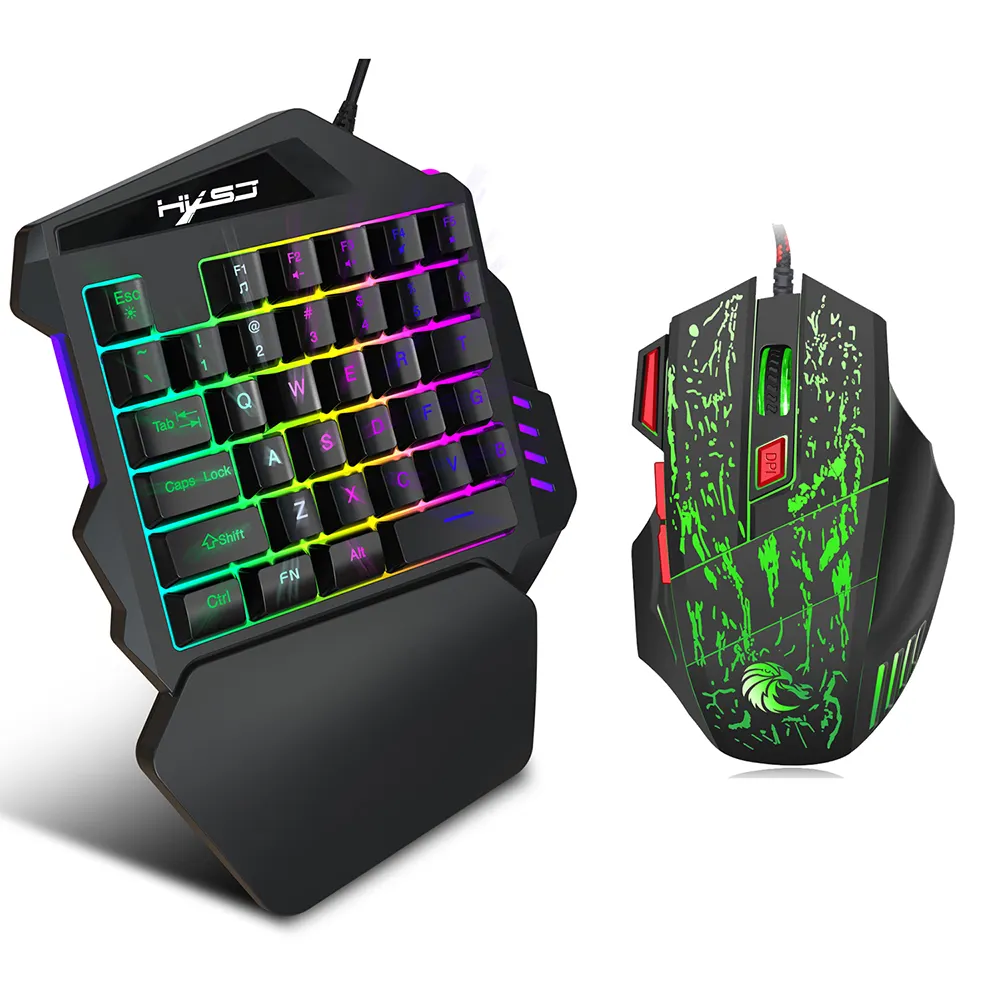 J50 One-Handed Keyboard 35 Keys LED Backlight Wired Gaming Keyboard Mouse Combos with Breathing Light 5500 DPI 7 Button