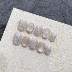 Fait <span class=keywords><strong>à</strong></span> la main court 3D Ombre oeil de chat couleur argentée ongles français Art Design ABS presse-sur acrylique <span class=keywords><strong>manucure</strong></span> pour les doigts - Product Image 2